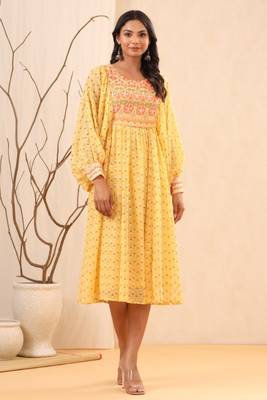 Yellow ethnic motif printed georgette midi  dress with sequins work 2