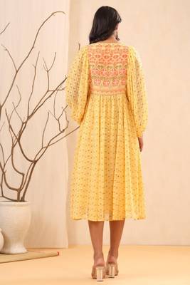 Yellow ethnic motif printed georgette midi  dress with sequins work 3