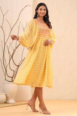 Yellow ethnic motif printed georgette midi  dress with sequins work 4