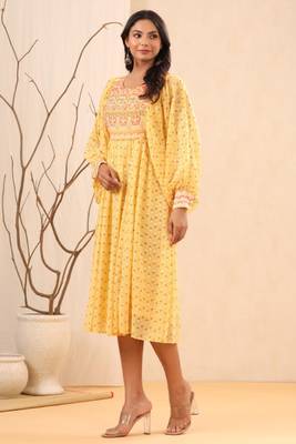 Yellow ethnic motif printed georgette midi  dress with sequins work 5