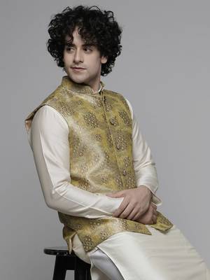Maahi fabs mens abstract design printed cotton blend stylish gold nehru jacket for festive & party wear 1