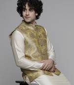 Maahi fabs mens abstract design printed cotton blend stylish gold nehru jacket for festive & party wear