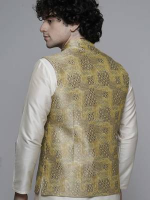 Maahi fabs mens abstract design printed cotton blend stylish gold nehru jacket for festive & party wear 2