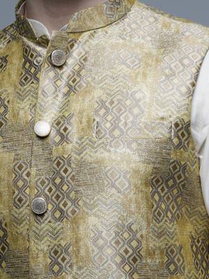 Maahi fabs mens abstract design printed cotton blend stylish gold nehru jacket for festive & party wear 3