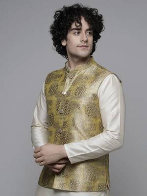 Maahi fabs mens abstract design printed cotton blend stylish gold nehru jacket for festive & party wear 4