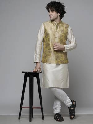 Maahi fabs mens abstract design printed cotton blend stylish gold nehru jacket for festive & party wear 5