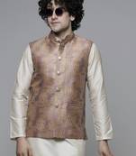 mens abstract design printed cotton blend stylish pink nehru jacket for festive & party wear