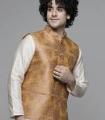 Maahi fabs mens abstract design printed cotton blend stylish brown nehru jacket for festive & party wear