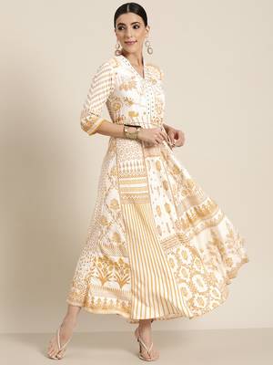 Mustard printed rayon lacy maxi dress with mirror embroidered neckline & tassels at waist 1