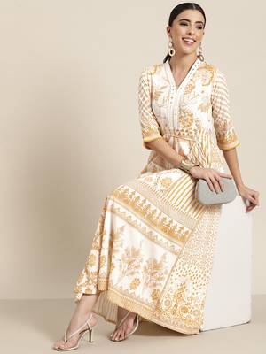 Mustard printed rayon lacy maxi dress with mirror embroidered neckline & tassels at waist 2