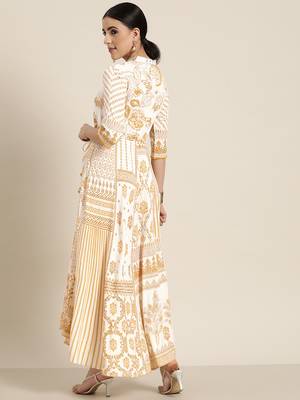 Mustard printed rayon lacy maxi dress with mirror embroidered neckline & tassels at waist 3