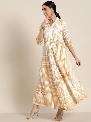 Mustard printed rayon lacy maxi dress with mirror embroidered neckline & tassels at waist 4