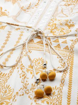 Mustard printed rayon lacy maxi dress with mirror embroidered neckline & tassels at waist 5