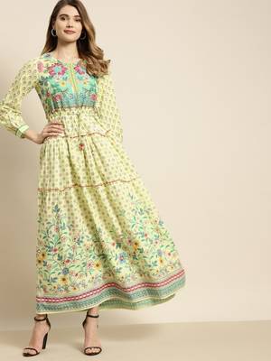 Lime green floral printed rayon maxi dress with dori tie-up & tassels on waist 1