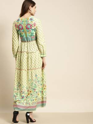 Lime green floral printed rayon maxi dress with dori tie-up & tassels on waist 2