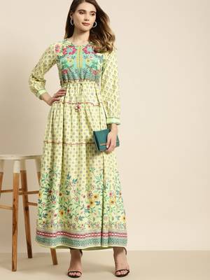 Lime green floral printed rayon maxi dress with dori tie-up & tassels on waist 3