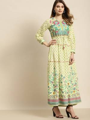 Lime green floral printed rayon maxi dress with dori tie-up & tassels on waist 4