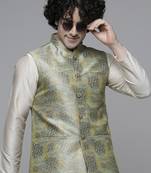 Maahi fabs mens abstract design printed cotton blend stylish pista green nehru jacket for festive & party wear