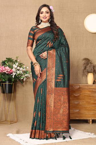 Darkgreen Soft Silk Copper Zari Weawing Design Saree