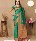 Green Soft Silk Copper Zari Weawing Design Saree