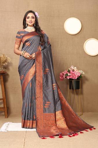 Grey Soft Silk Copper Zari Weawing Design Saree