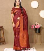 Maroon Soft Silk Copper Zari Weawing Design Saree