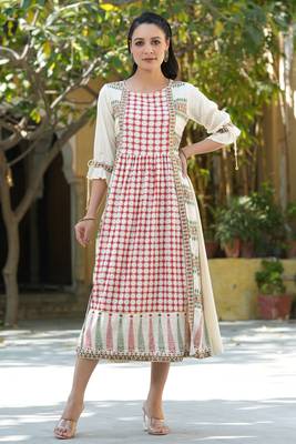 Ivory ethnic motif printed rayon dress &  dori tie-up with tassels on sleeves 1