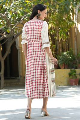 Ivory ethnic motif printed rayon dress &  dori tie-up with tassels on sleeves 2