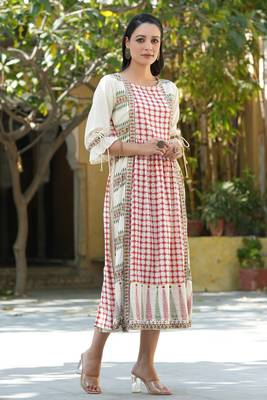 Ivory ethnic motif printed rayon dress &  dori tie-up with tassels on sleeves 3