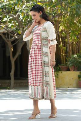 Ivory ethnic motif printed rayon dress &  dori tie-up with tassels on sleeves 4
