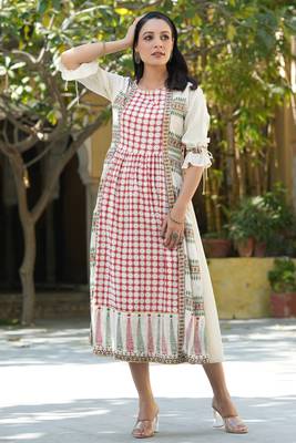 Ivory ethnic motif printed rayon dress &  dori tie-up with tassels on sleeves 5