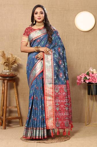 Rama Patola Silk Woven Design With Zari Meenakari Weaving Motifs Pallu Saree