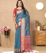 Rama Patola Silk Woven Design With Zari Meenakari Weaving Motifs Pallu Saree