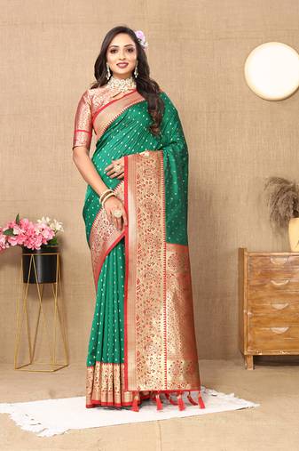 Green Soft Silk Weawing Design Rich Zari Weaving Saree