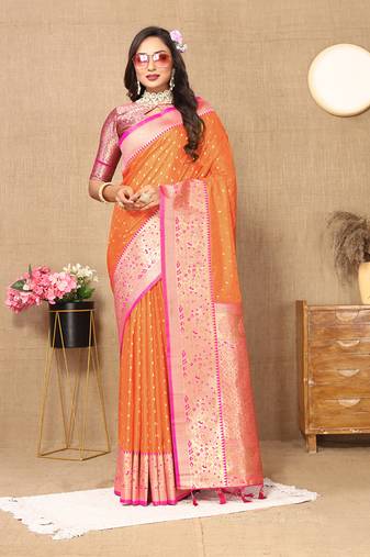 Orange Soft Silk Weawing Design Rich Zari Weaving Saree