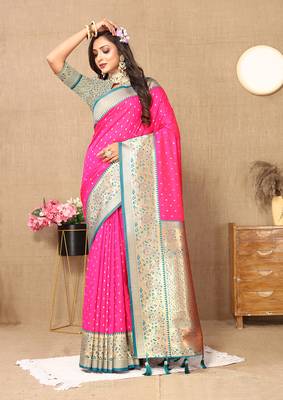 Pink Soft Silk Weawing Design Rich Zari Weaving Saree 1