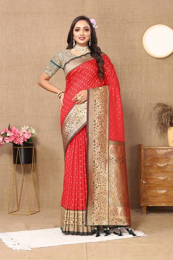 Red Soft Silk Weawing Design Rich Zari Weaving Saree
