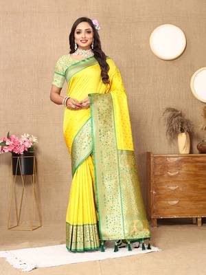 Yellow Soft Silk Weawing Design Rich Zari Weaving Saree 1