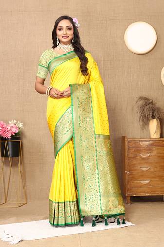 Yellow Soft Silk Weawing Design Rich Zari Weaving Saree