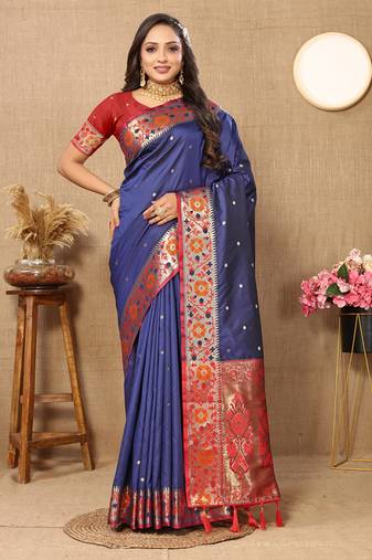 Blue Soft Paithani Silk Woven Design Rich Meenakari Zari Weaving Pallu Saree