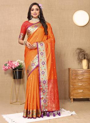 Orange Soft Paithani Silk Woven Design Rich Meenakari Zari Weaving Pallu Saree 1