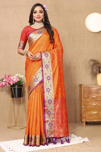 Orange Soft Paithani Silk Woven Design Rich Meenakari Zari Weaving Pallu Saree