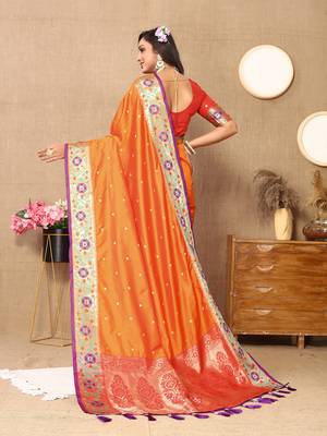 Orange Soft Paithani Silk Woven Design Rich Meenakari Zari Weaving Pallu Saree 4
