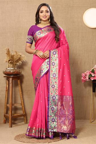 Pink Soft Paithani Silk Woven Design Rich Meenakari Zari Weaving Pallu Saree