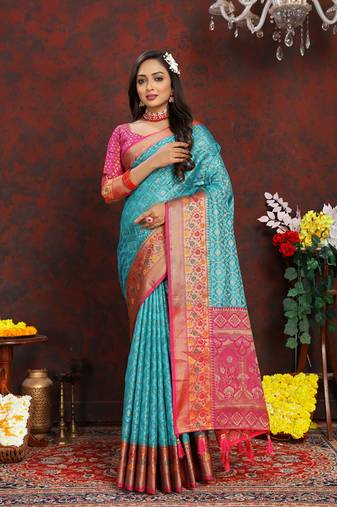Firozi Organza Silk Woven Design With Rich Meenakari Weaving Pallu Saree