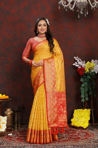 Gold Organza Silk Woven Design With Rich Meenakari Weaving Pallu Saree