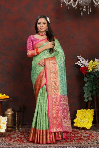 Green Organza Silk Woven Design With Rich Meenakari Weaving Pallu Saree