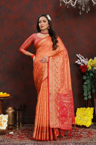 Orange Organza Silk Woven Design With Rich Meenakari Weaving Pallu Saree