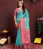 Firozi Organza Silk Woven Design With Rich Meenakari Weaving Pallu Saree