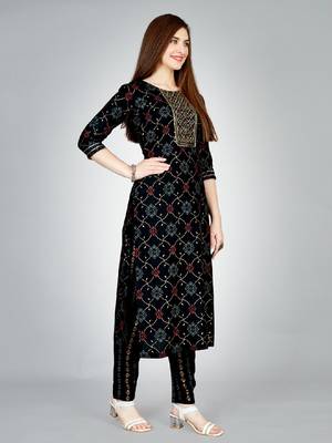 Women embroidered rayon black kurta pant set 3